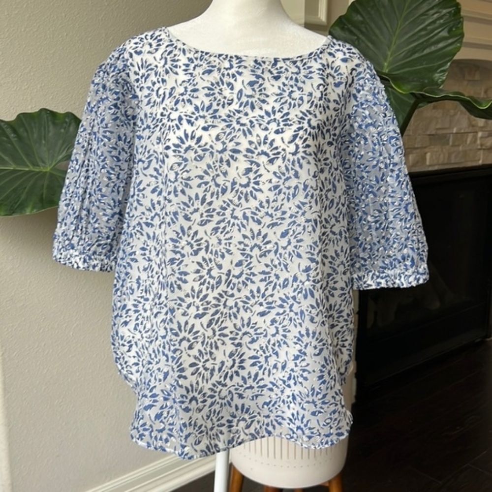 Ann Taylor Blue Floral Puff Sleeve Blouse Cropped Top XL NWT Feminine
